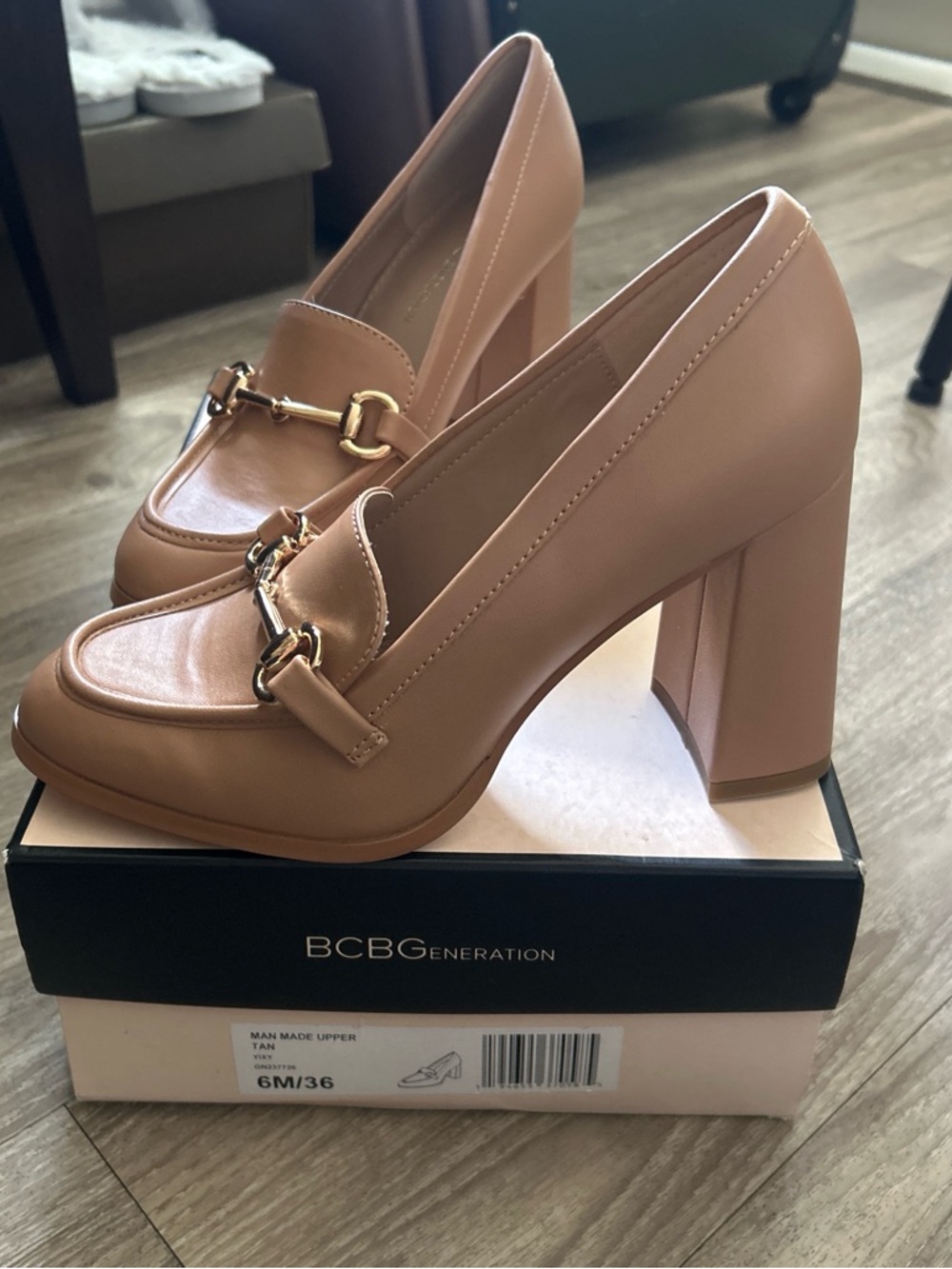 BCBGeneration Tan Block Heel Loafer Pumps with Gold Bit